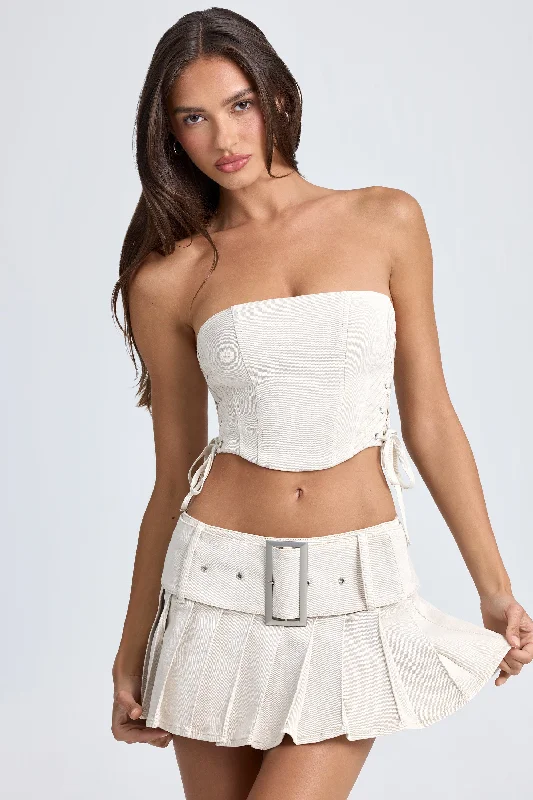 Women's Vacation Garments Belted Pleated Low-Rise Micro Mini Skirt in Ecru