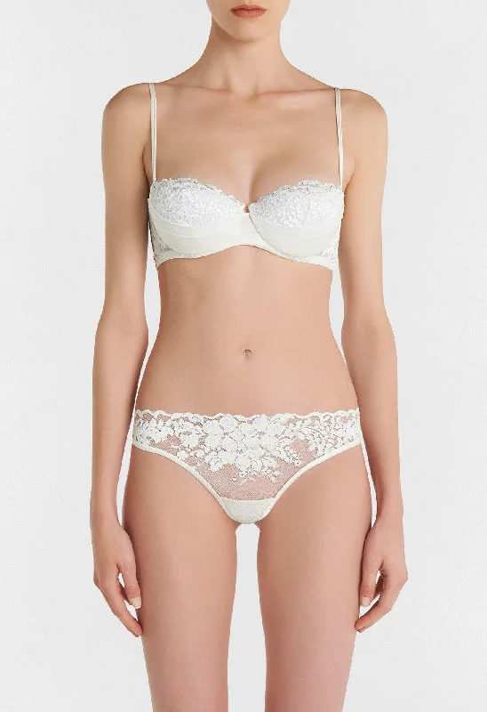 Stylish Women's Garments For Holidays Off-White Bandeau Bra in Leavers Lace and Silk Georgette Stylish Women's Garments For Holidays Off-White Bandeau Bra in Leavers Lace and Silk Georgette