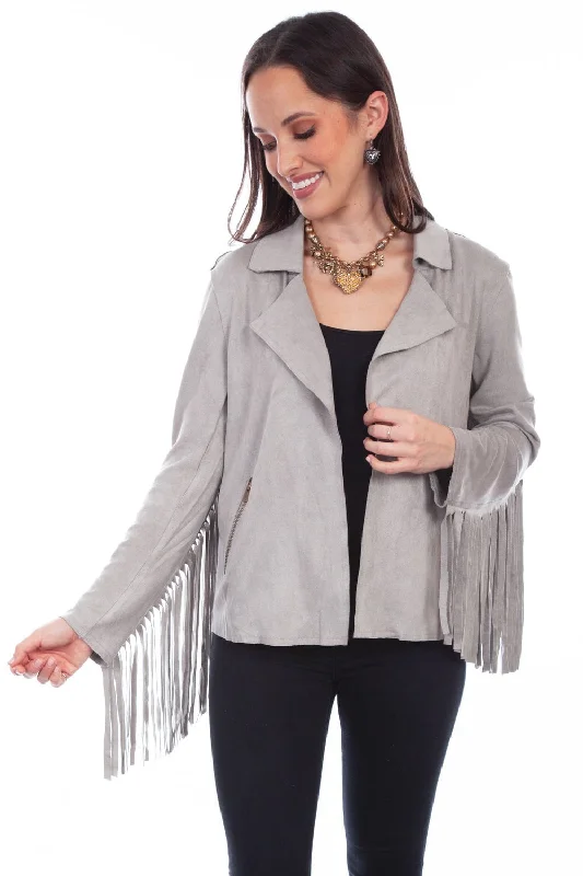 Women's Chic Outerwear Attire Scully Womens Western Fringe Light Grey Poly/Spandex Faux Leather Jacket