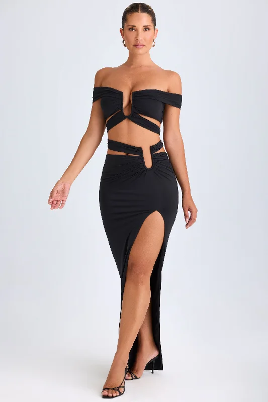 Women's Holiday Attire Asymmetric Cut-Out Maxi Skirt in Black