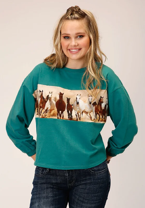 Affordable Women's Attire Roper Womens Running Horses Blue 100% Cotton Sweatshirt