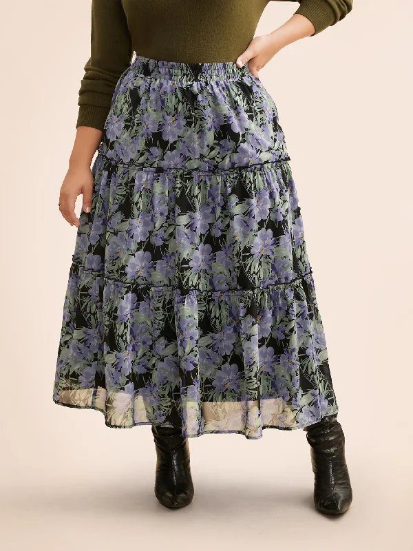 Women's Casual Outfit Floral Ruffle Layered Hem Skirt