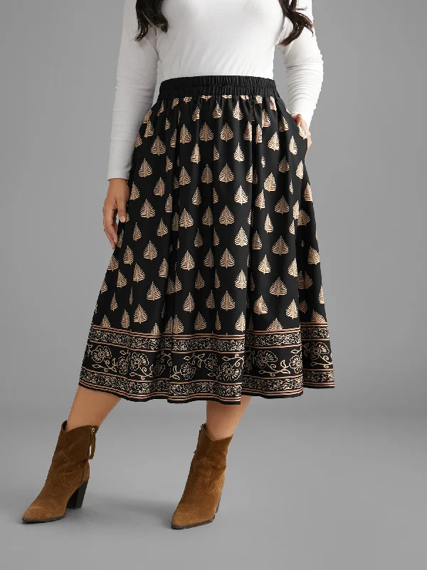 Women's Formal Event Clothing Boho Print Elastic Waist Pocket Skirt