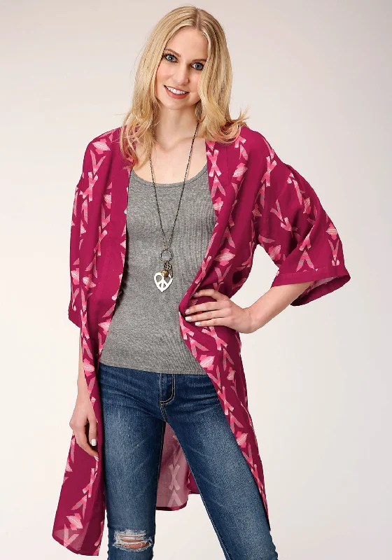 Women's Chic Outerwear Attire Roper Womens Wine Rayon/Nylon Aztec Print Kimono Cardigan