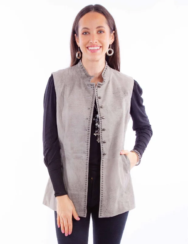 Stylish Women's Clothing Scully Womens Studded Button Up Grey Leather Leather Vest