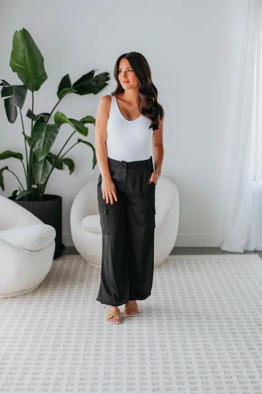 Women's Relaxed Outfit Adara Satin Cargo Pants - Black