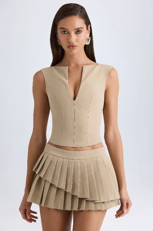 Casual Outfit For Women Layered Pleated Low-Rise Mini Skirt in Camel