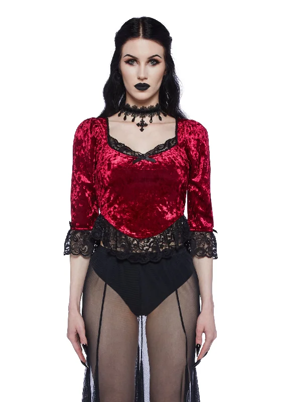 Sustainable Women's Apparel Dim The Light Velvet Bustier Top- Red