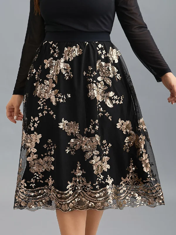 Women's Office Outfit Sequin Floral Stretchy Waist Skirt