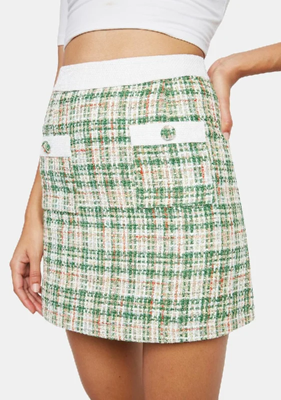 Women's Comfortable Lounge Attire Green White Tweed Mini Skirt