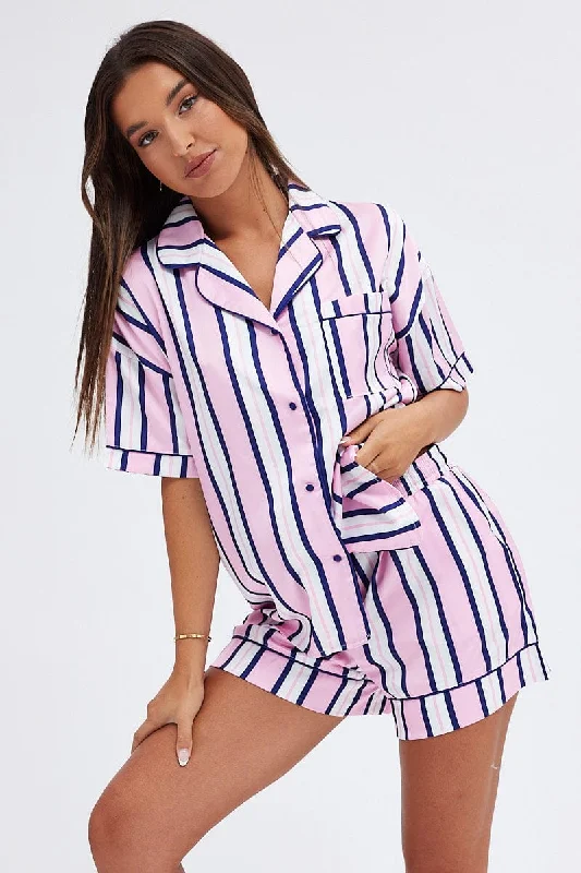 Affordable Fashion Clothing For Women Multi Print Satin Pj Multi Stripe Piping Pyjama Set Affordable Fashion Clothing For Women Multi Print Satin Pj Multi Stripe Piping Pyjama Set