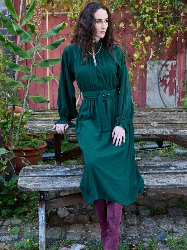 Exclusive Sale Green Belted Blouson Sleeve Dress-17430