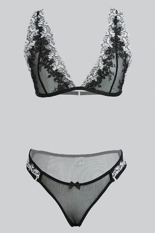 Women's Seasonal Clothing Black Embroidered Lingerie Set