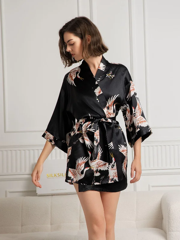 Women's Holiday Clothing Women's Silk Crane Print Short Dressing Gown
