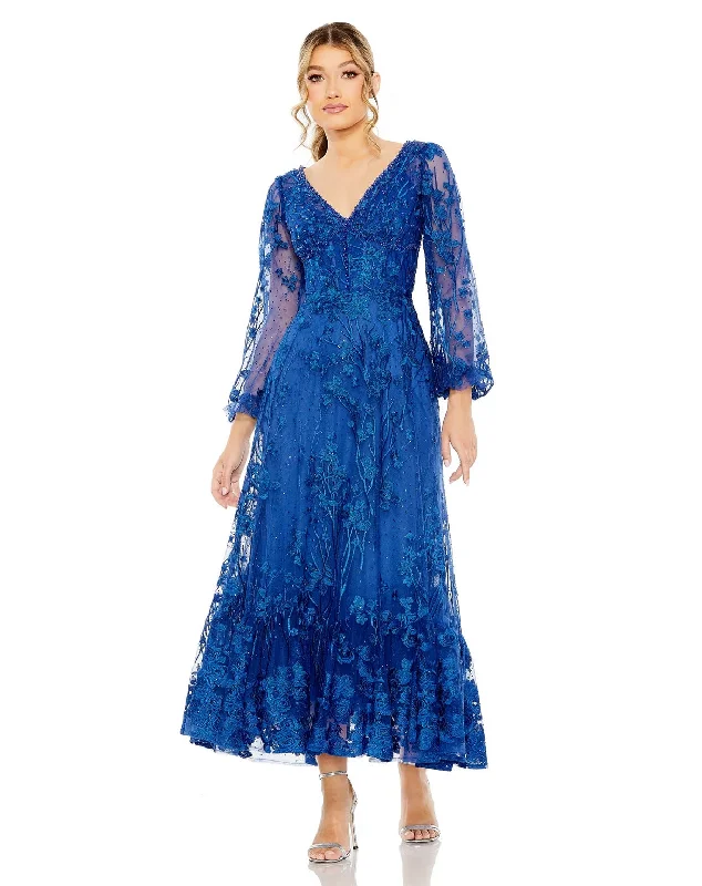 Women's Clothing Online Sale Mac Duggal 20512 Long Puff Sleeve Tea Length Dress