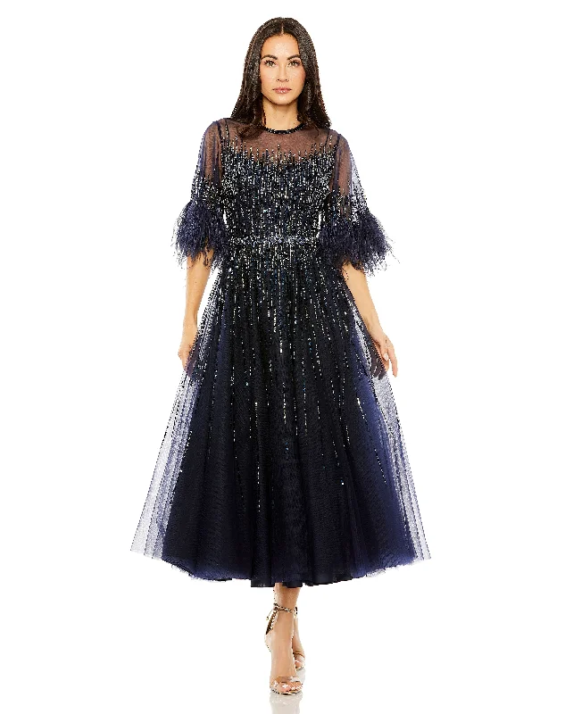 Trendy Urban Attire Mac Duggal 42097 Beaded Cocktail Feather Tea Length Dress