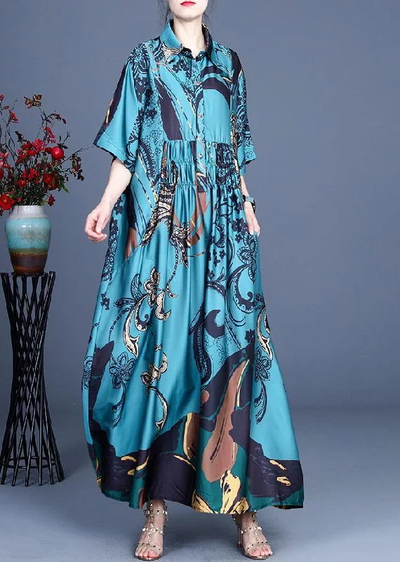 Clothes For Women Natural Blue Print Silk Half Sleeve Dress Summer