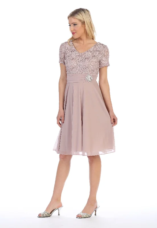 Inspired By You, Designed For You Short Knee Length Dress with Short Sleeve Lace Bodice by Celavie 6320-S