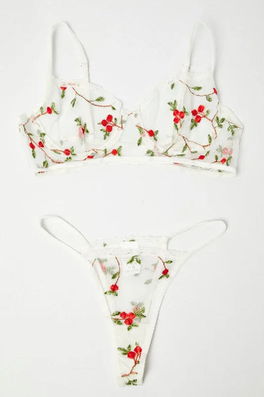 Modern Women's Attire White Floral Embroidery Lingerie Set