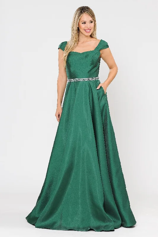 Discover Now Long Mikado Cap Sleeve Dress with Corset Back by Poly USA 8702