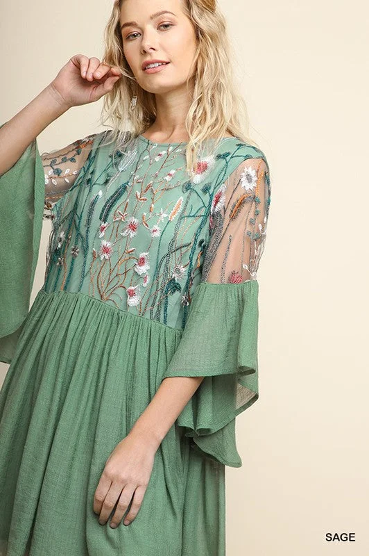 Seasonal Clearance Embroidered Angel Sleeve Dress