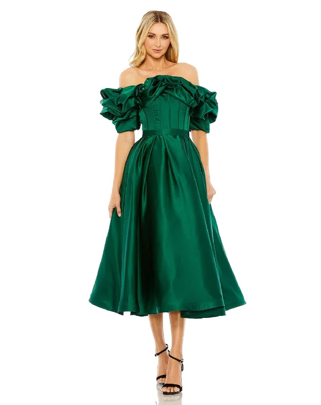 Trendy Women's Wear Mac Duggal 20706 Off Shoulder Ruffle Tea Length Dress