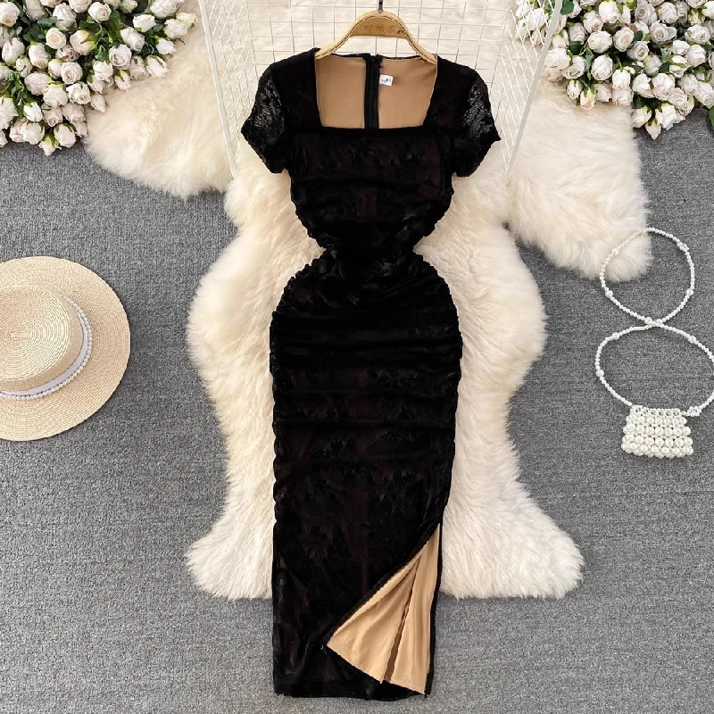 Your Timeless Wardrobe Awaits short-sleeved square neck lace mid-length dress    S4271