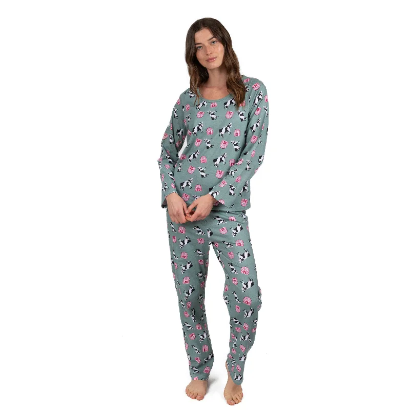 Women's Versatile Apparel Womens Two Piece Cotton Loose Fit Pajamas Cow Green
