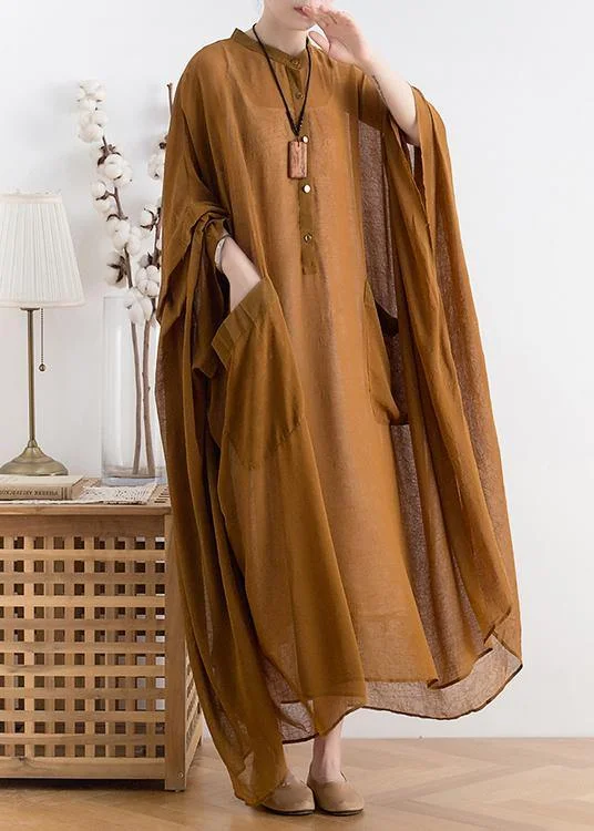 Summer Sale Natural yellow chiffon Robes plus size Shape stand collar Batwing Sleeve Dress