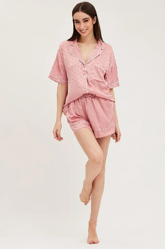 Women's Trendy Clothes Pink Satin Pajamas Set Short Sleeve