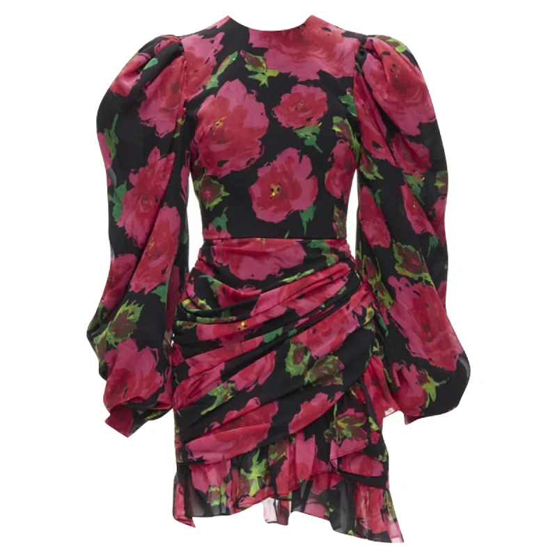 Fashion Sale Richard Quinn rose print wrap skirt puff sleeve dress