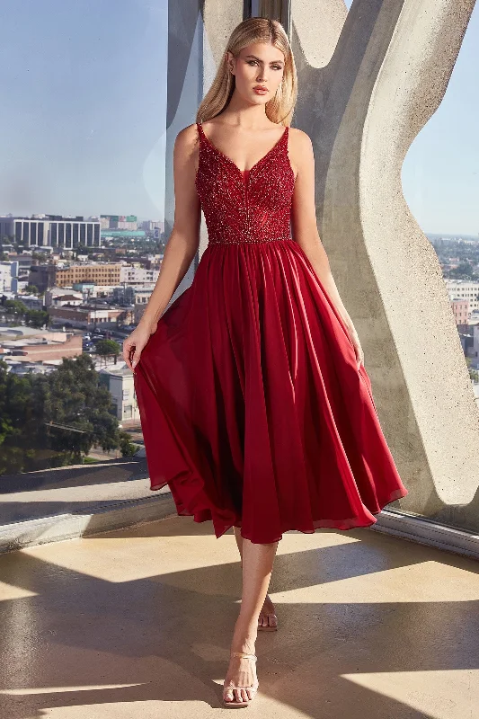 Outlet Clothing Beaded Chiffon V-Neck Tea Length Dress by Ladivine CD0225