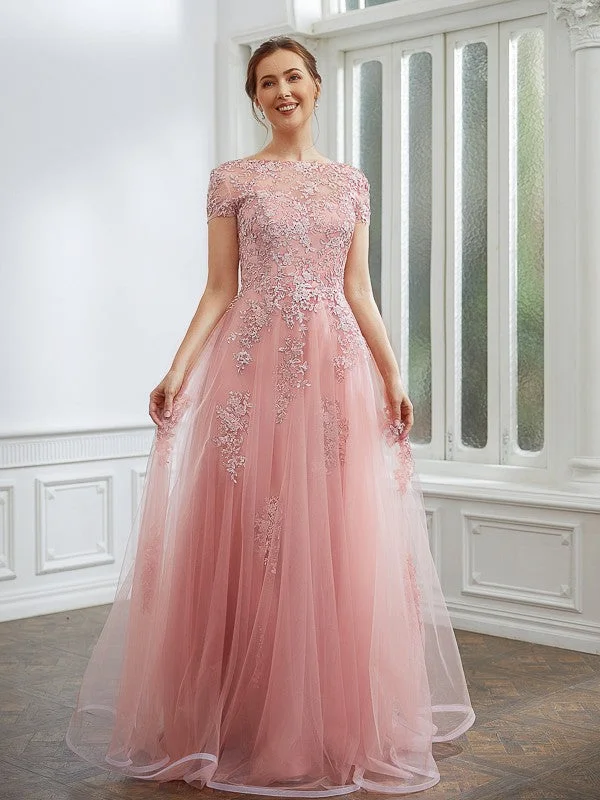 Trend Forward Threads A-Line/Princess Tulle Applique Bateau Short Sleeves Floor-Length Dresses Trend Forward Threads A-Line/Princess Tulle Applique Bateau Short Sleeves Floor-Length Dresses
