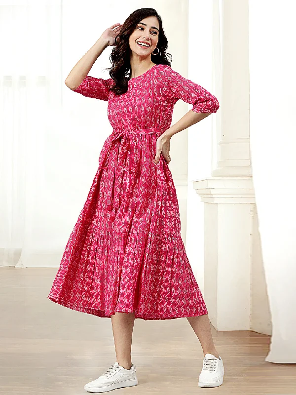 Athleisure Wear Pink Cotton Woven Design Tiered Western Dress