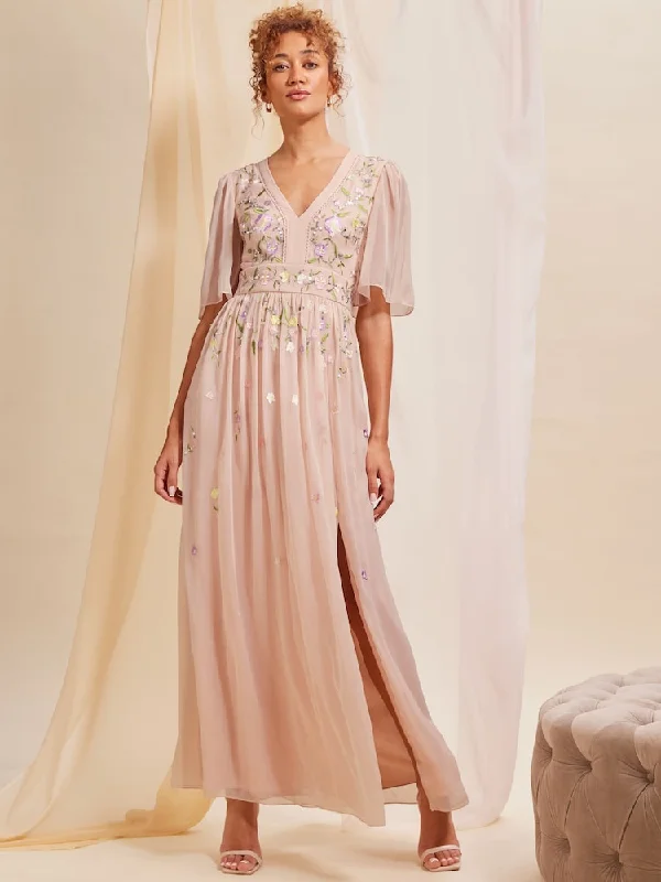 Evening Elegance Pink Embellished Chiffon Flutter Sleeve Dress
