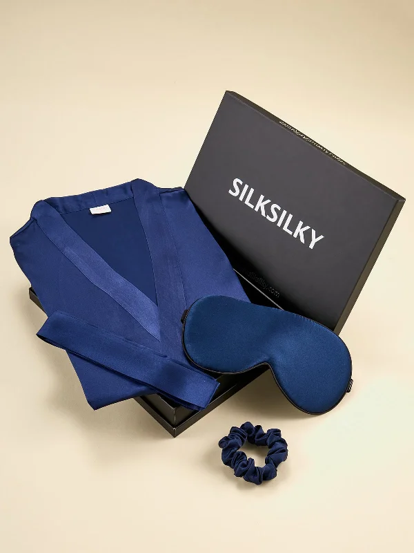 Women's Comfortable Lounge Attire Gift Set - Silk Half Sleeve Belted Dressing Gown & Eye Mask & Scrunchie Women's Comfortable Lounge Attire Gift Set - Silk Half Sleeve Belted Dressing Gown & Eye Mask & Scrunchie