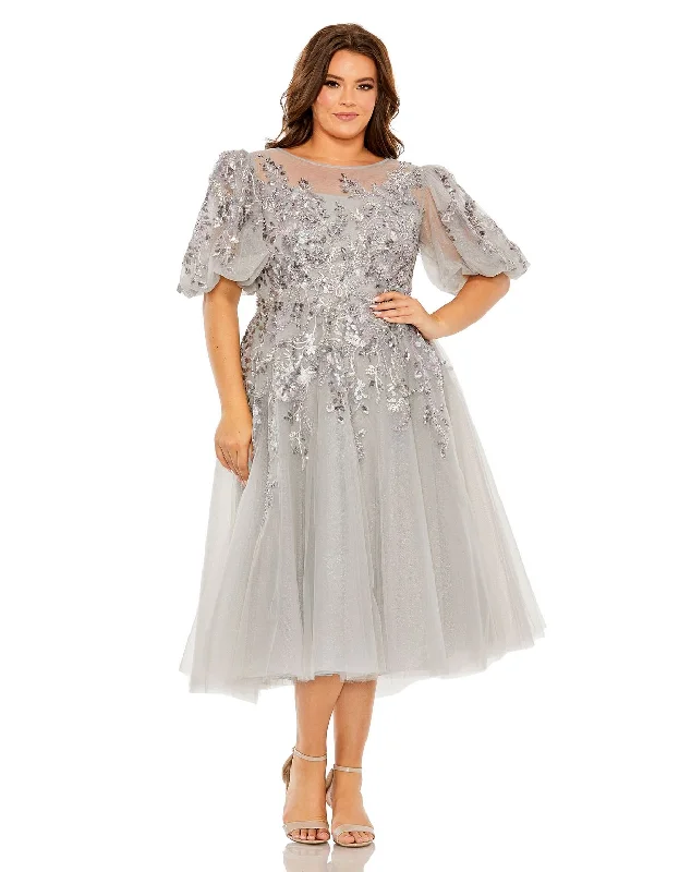 New Styles Just In Mac Duggal 20475 Plus Size Glitter Tea-Length Dress