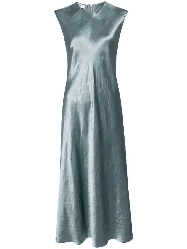 Unleash Your Trendy Side Bias Crew Neck Cap Sleeve Dress In Teal Green