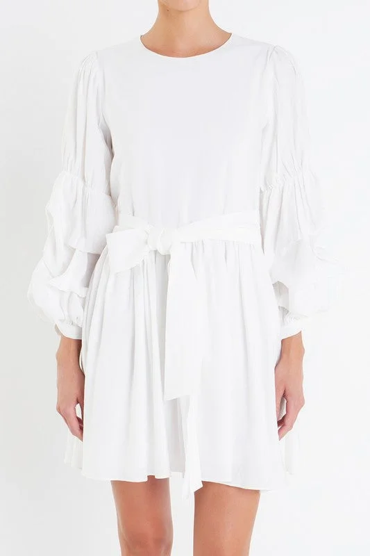Boutique Dress Online Tied Waist Puffed Sleeve Dress