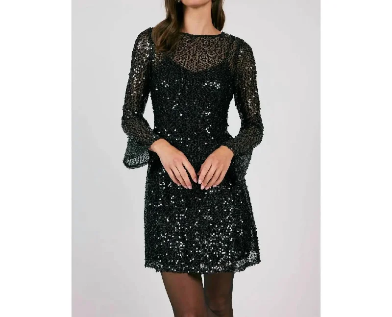 Women's Clothing Stores Splendor Sequin Bell Sleeve Dress In Black, Silver