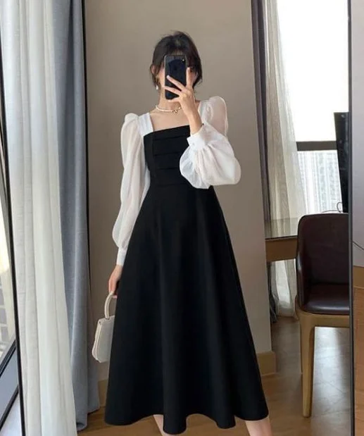Unbeatable Prices French Contrast Color Patchwork Square Neck Puff Sleeve Dress S1196 Unbeatable Prices French Contrast Color Patchwork Square Neck Puff Sleeve Dress S1196