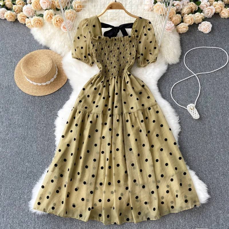 Holiday Glam Vintage Square Neck Polka Dot Puff Sleeve Dress     S4458