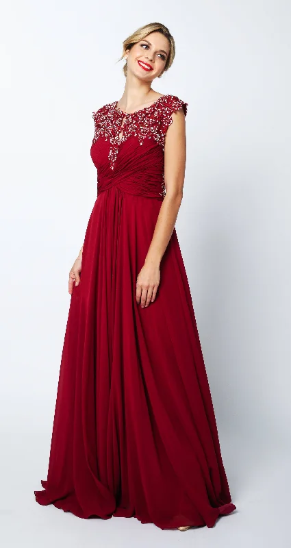 Seasonal Fashion Embroidered Long Cap Sleeve Dress with Sheer Back by Juliet 585