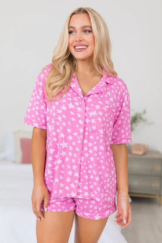 Women's Casual Clothing For Lounging Under The Stars Pink Tonal Stars Short Sleeve Bamboo Pajama Top FINAL SALE Women's Casual Clothing For Lounging Under The Stars Pink Tonal Stars Short Sleeve Bamboo Pajama Top FINAL SALE
