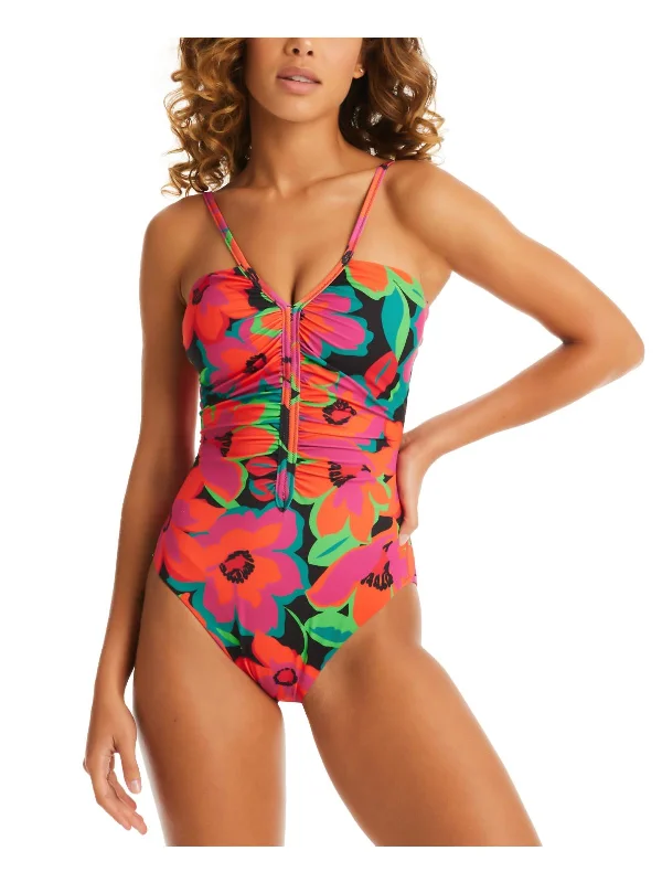 Women's Clothing Outfit Set Womens Floral Print Shirred One-Piece Swimsuit