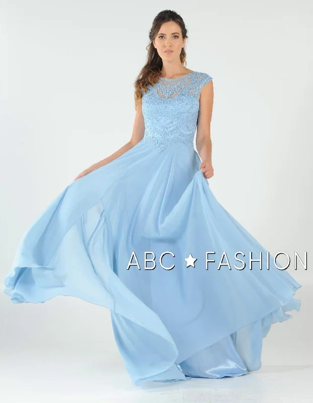 All Season Basics Discount Long Embroidered Cap Sleeve Dress with Slit by Poly USA 8254