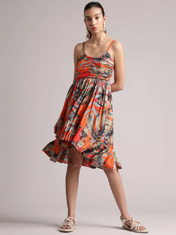Women's Trendy Clothes Orange Muslin Tropical Fit & Flare Dress