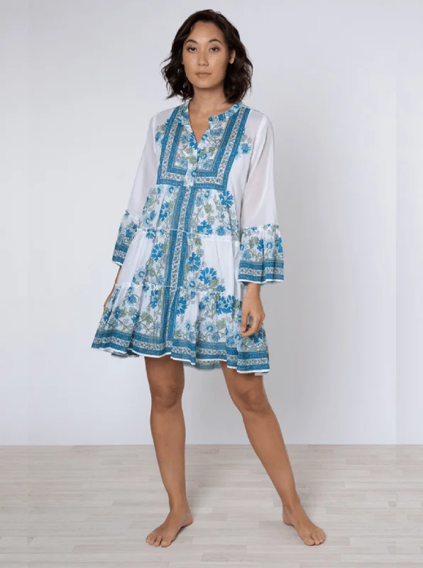 Women's Clothing Brands White / Blue / Aqua Flared Sleeve Dress w/ Rose Border Print Women's Clothing Brands White / Blue / Aqua Flared Sleeve Dress w/ Rose Border Print