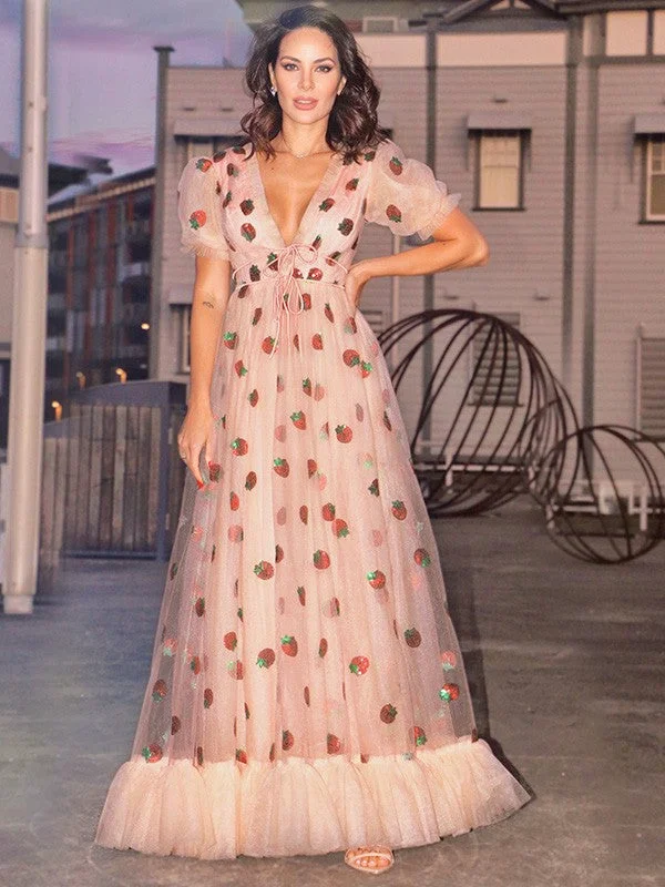 Women Apparel A-Line/Princess Tulle Ruffles V-neck Short Sleeves Floor-Length Dresses