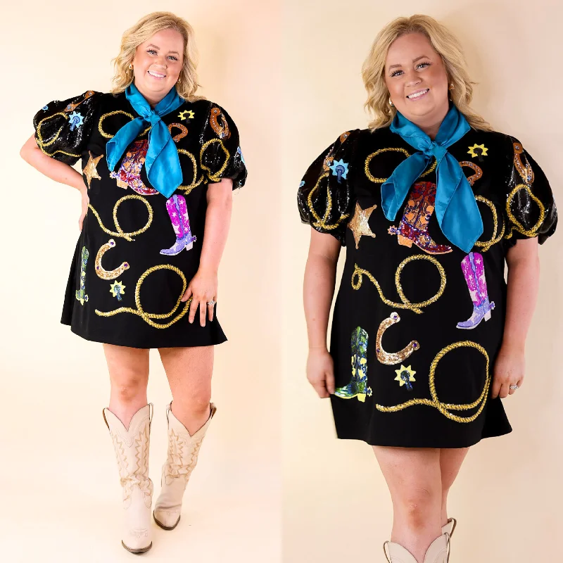 Seasonal Style Discounts Queen Of Sparkles | Wild West Wanderer Sequin Icon Poof Sleeve Dress in Black Seasonal Style Discounts Queen Of Sparkles | Wild West Wanderer Sequin Icon Poof Sleeve Dress in Black